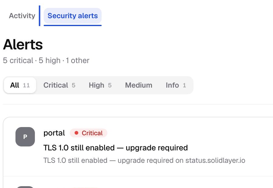 SolidLayer security alerts dashboard in light mode